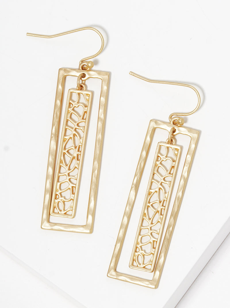 Hammered Metal Filigree Rectangle Fishhook Dangle Drop Earrings