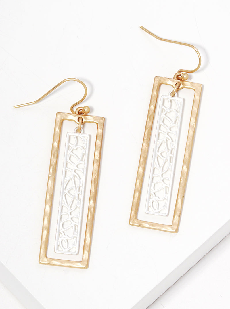 Hammered Metal Filigree Rectangle Fishhook Dangle Drop Earrings