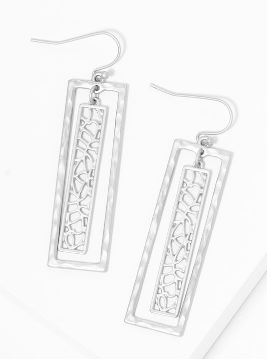 Hammered Metal Filigree Rectangle Fishhook Dangle Drop Earrings