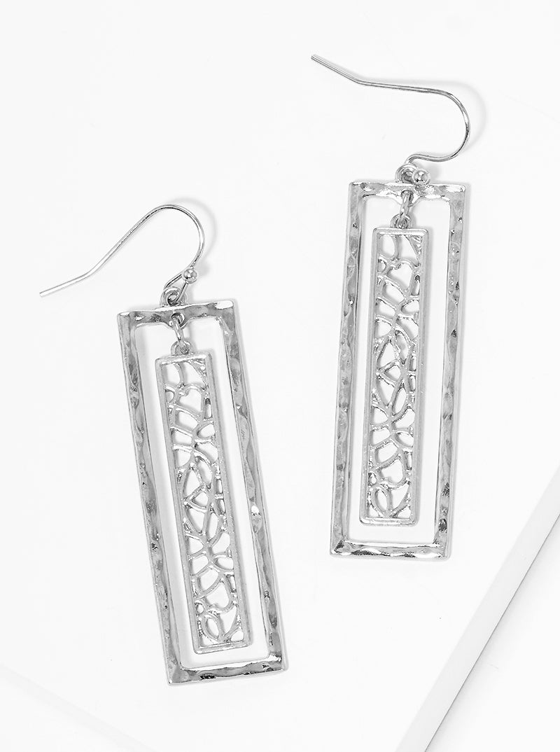 Hammered Metal Filigree Rectangle Fishhook Dangle Drop Earrings