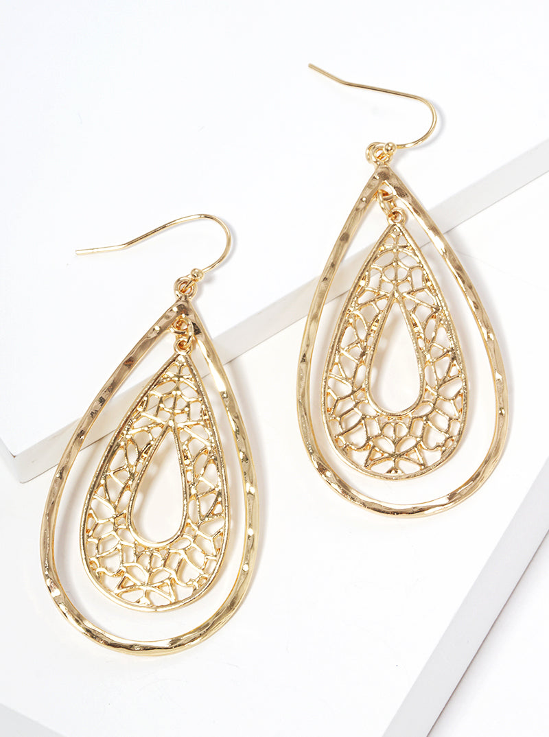 Hammered Metal Filigree Teardrop Fishhook Dangle Drop Earrings