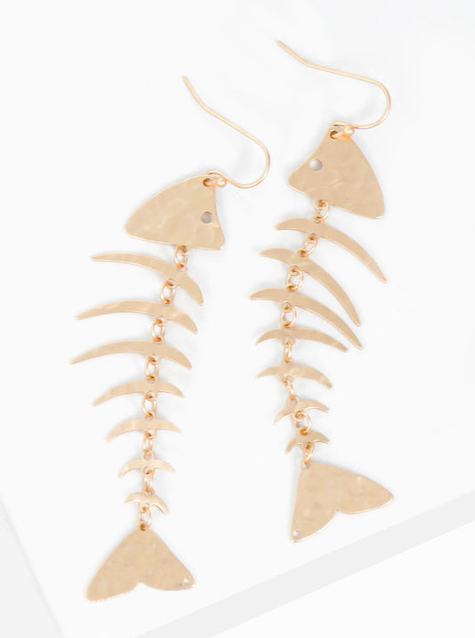 Hammered Metal Fishbone Lightweight Dangle Drop Earrings
