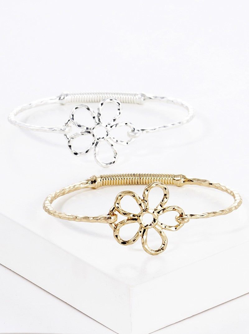 Hammered Metal Flower Accent Fine Spring Hook Closure Bangle Bracelet