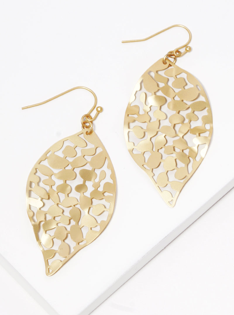 Hammered Metal Leaf Filigree Dangle Drop Earrings