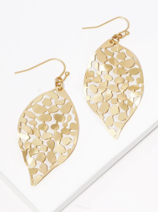 Hammered Metal Leaf Filigree Dangle Drop Earrings