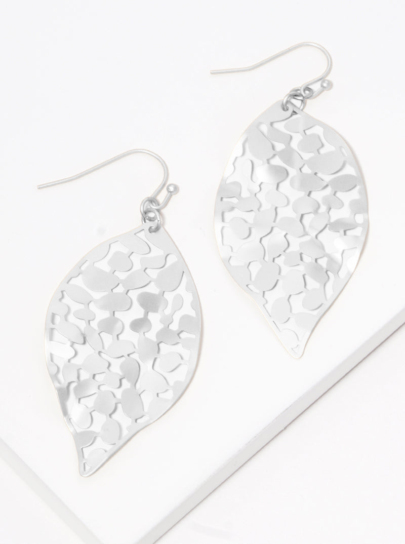 Hammered Metal Leaf Filigree Dangle Drop Earrings