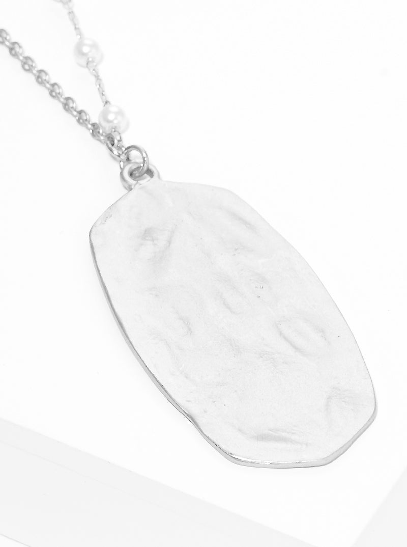 Hammered Metal Pendant Acrylic Pearl Long Necklace