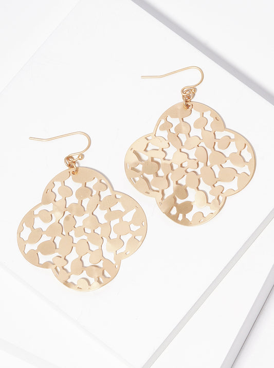 Hammered Metal Quatrefoil Filigree Fish Hook Dangle Drop Earrings