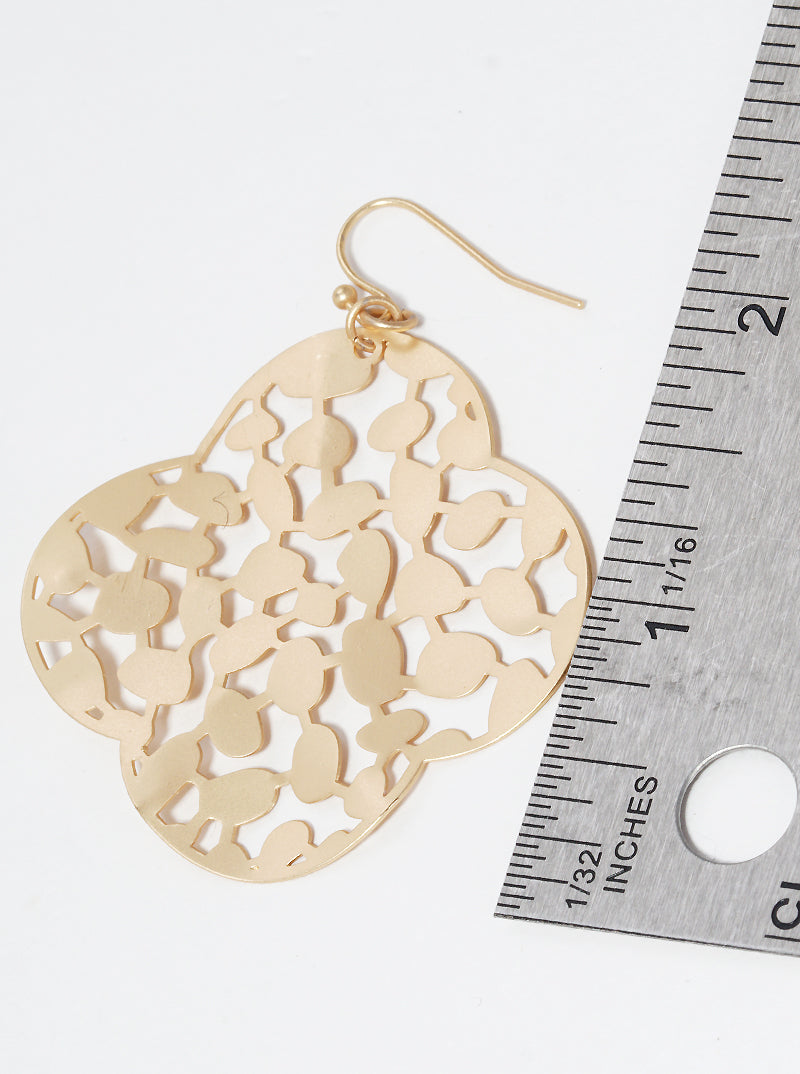 Hammered Metal Quatrefoil Filigree Fish Hook Dangle Drop Earrings