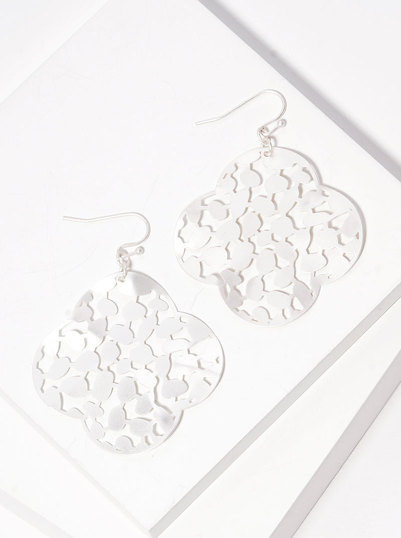 Hammered Metal Quatrefoil Filigree Fish Hook Dangle Drop Earrings