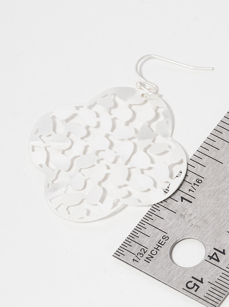 Hammered Metal Quatrefoil Filigree Fish Hook Dangle Drop Earrings