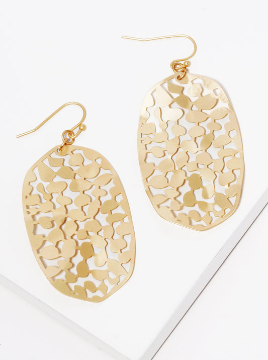 Hammered Metal Quatrefoil Filigree Fish Hook Dangle Drop Earrings