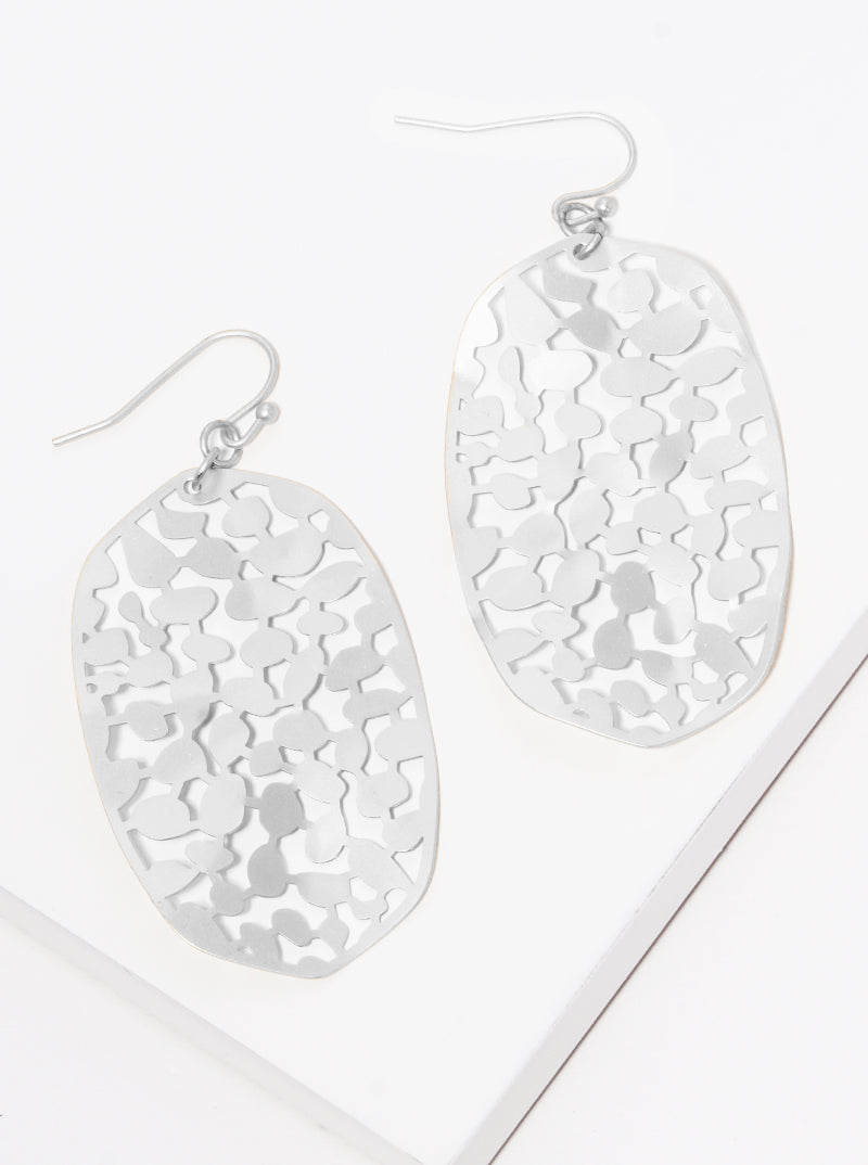Hammered Metal Quatrefoil Filigree Fish Hook Dangle Drop Earrings