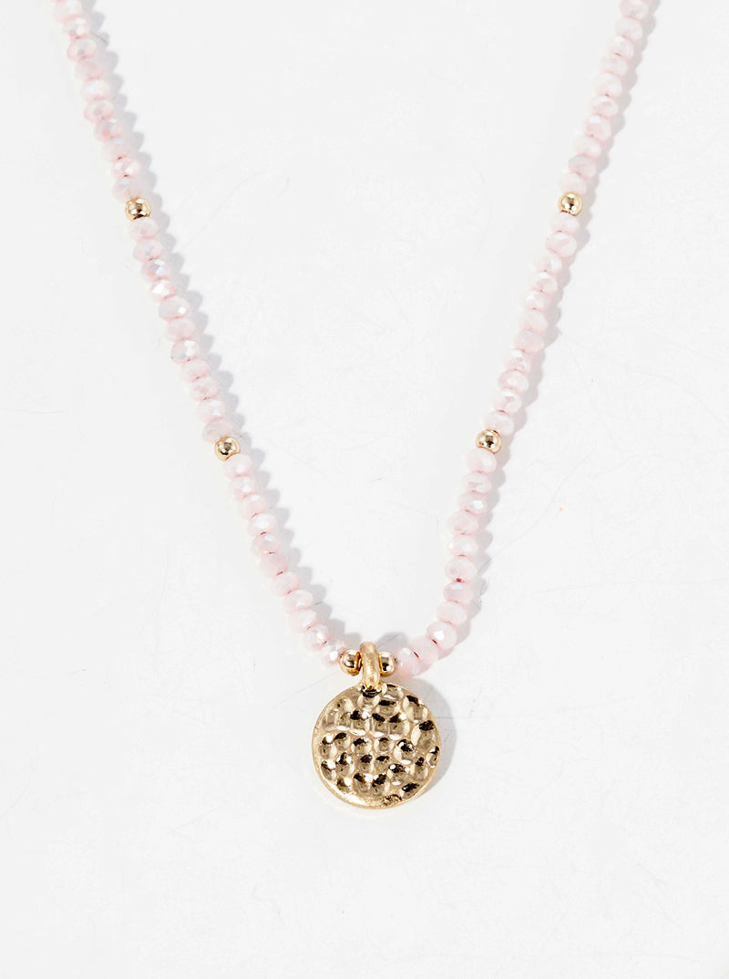 Hammered Metal Round Disc Pendant Glass Beaded Choker Necklace