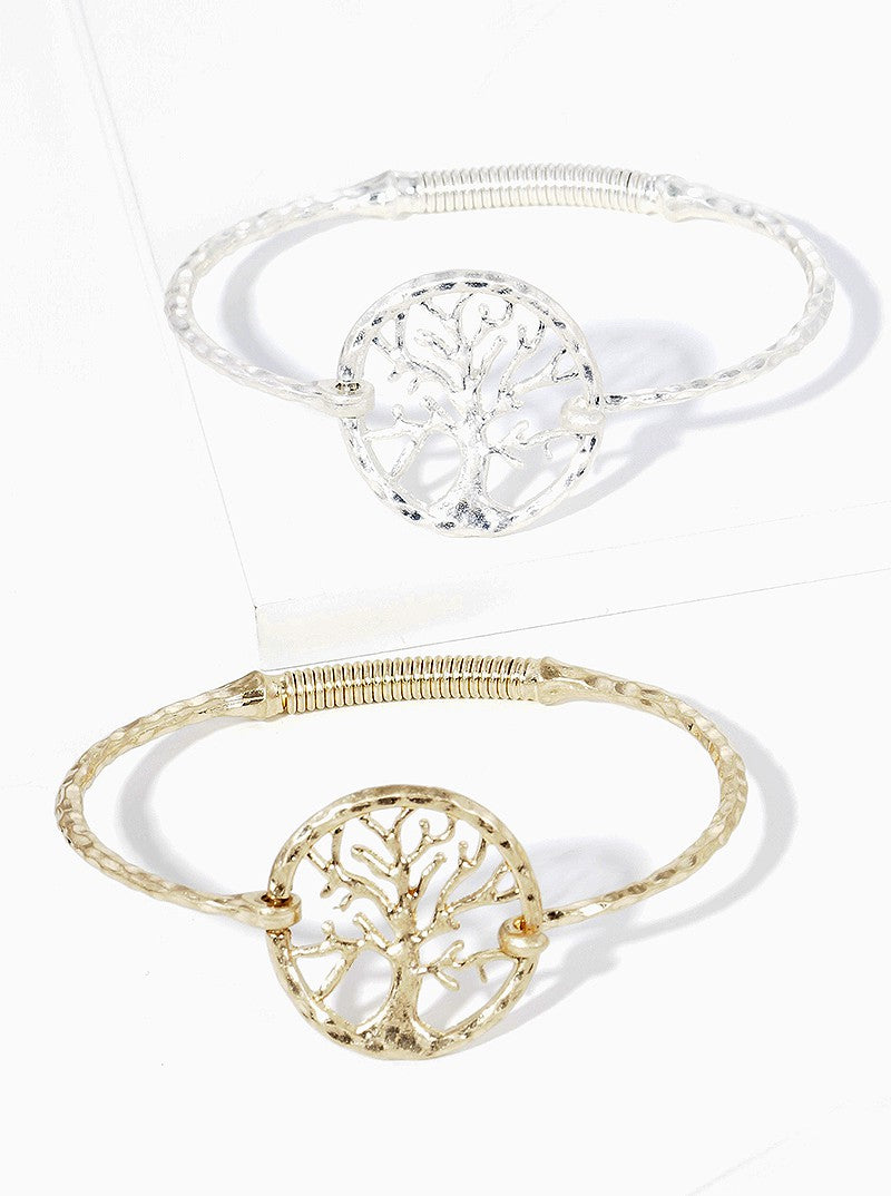 Hammered Metal Tree Of Life Accent Fine Spring Hook Closure Bangle Bracelet