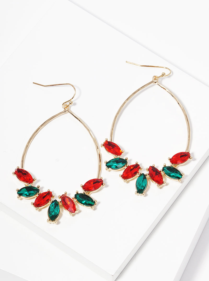 Hammered Teardrop Crystal Accent Fish Hook Dangle Drop Earrings