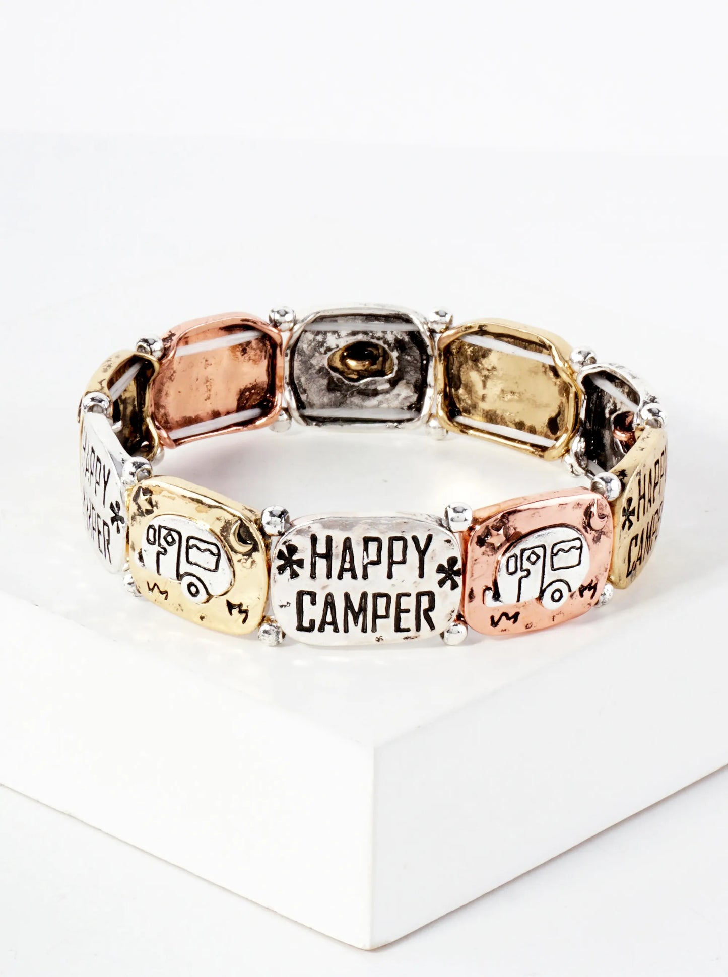 Happy-Camper Engraved Four-Tone Metal Stretch Bracelet