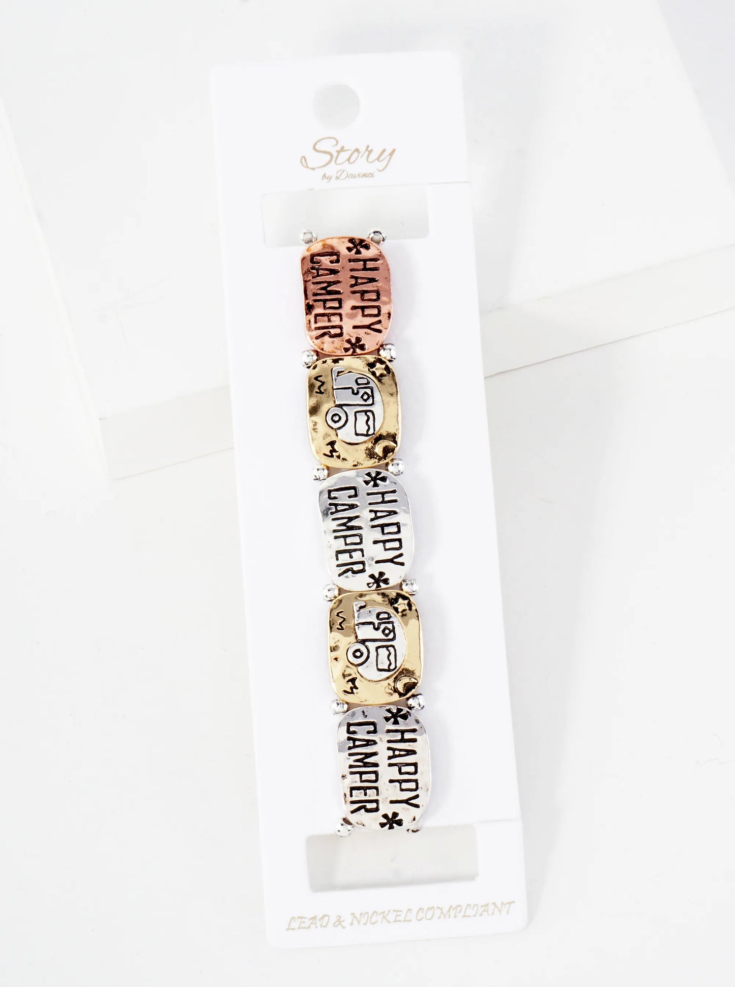 Happy-Camper Engraved Four-Tone Metal Stretch Bracelet