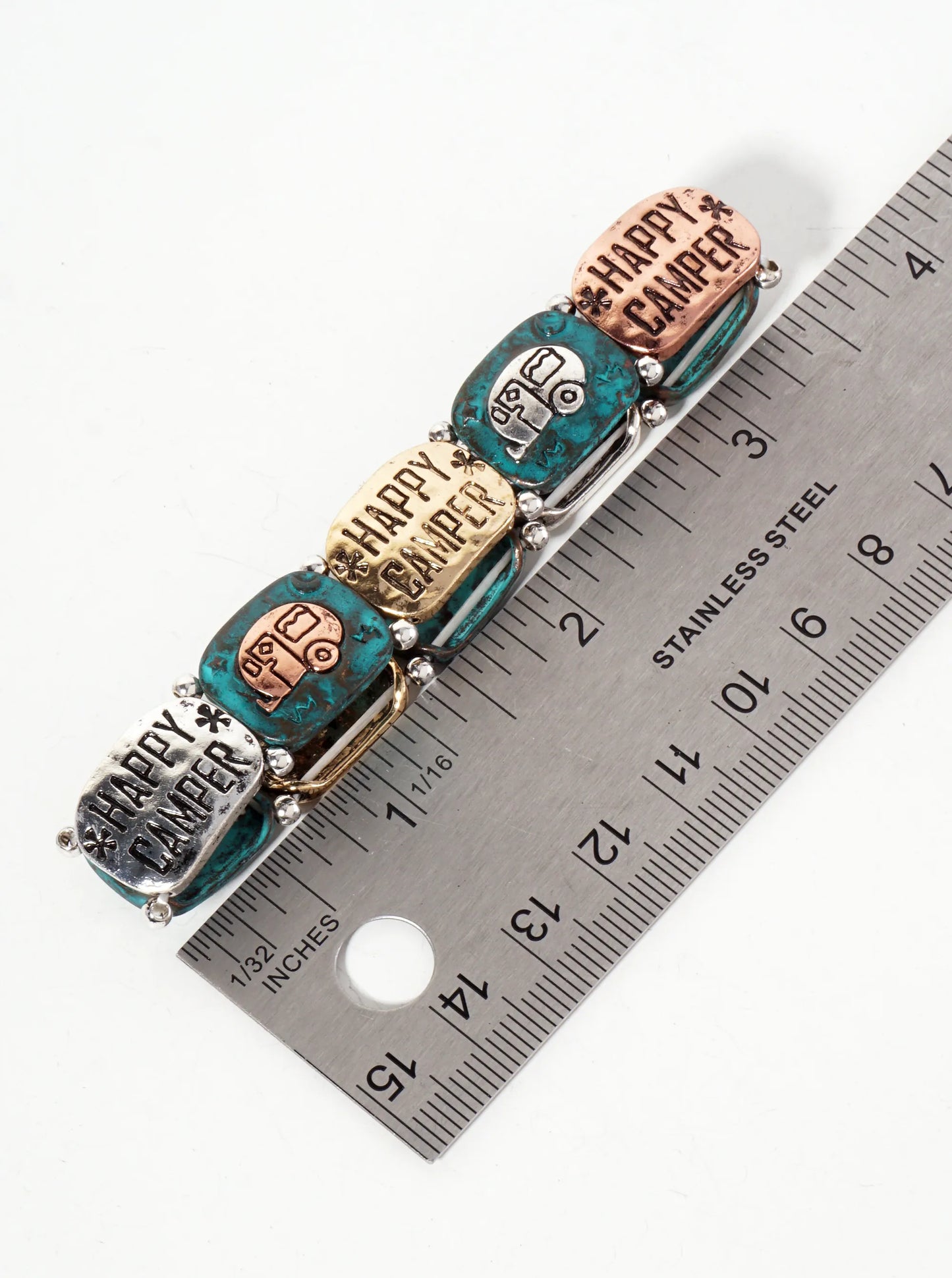 Happy-Camper Engraved Four-Tone Metal Stretch Bracelet