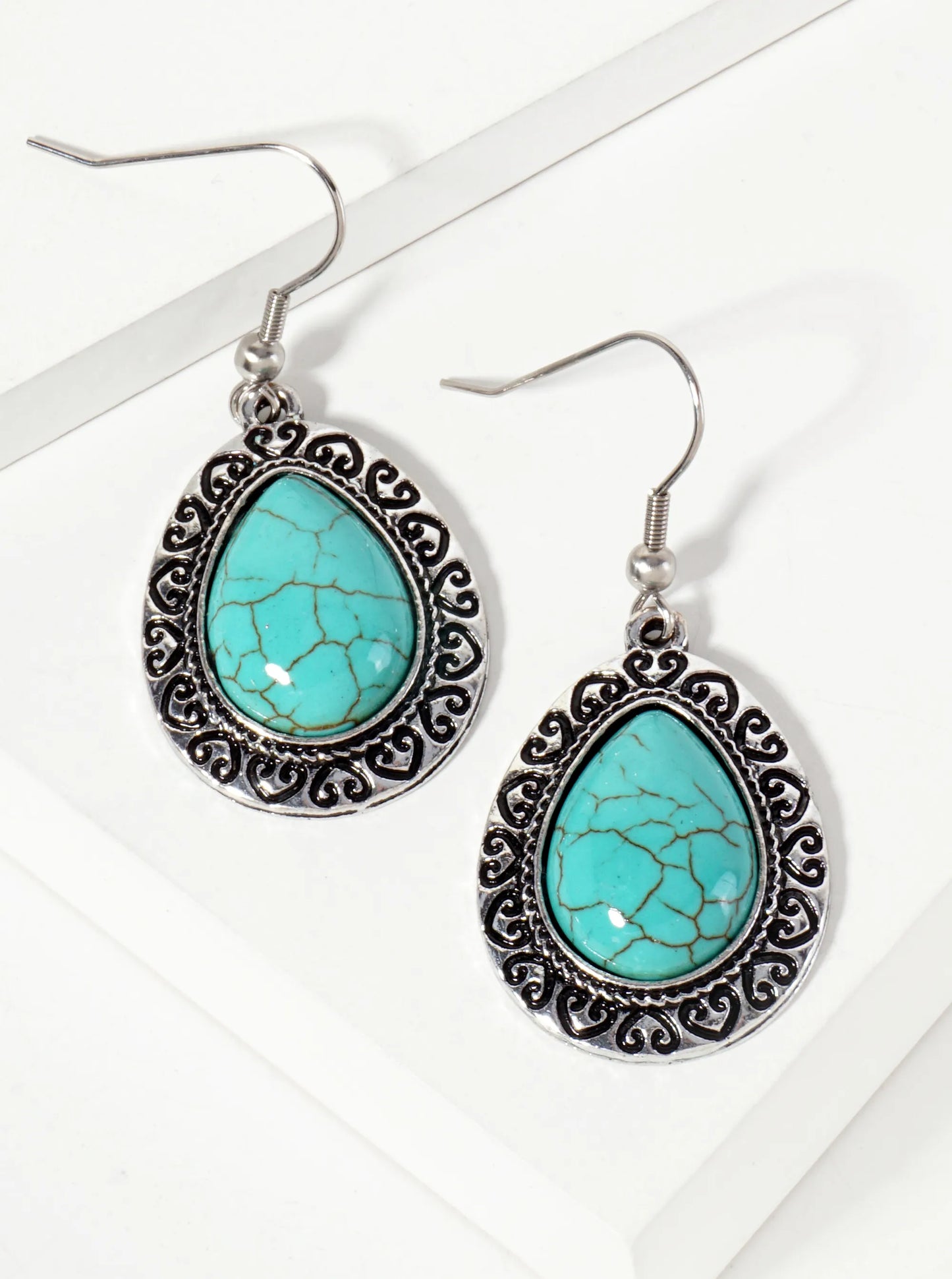 Heart Pattern Engraved Teardrop-Shaped Turquoise Semi-Precious Natural-Stone Dangle Earrings