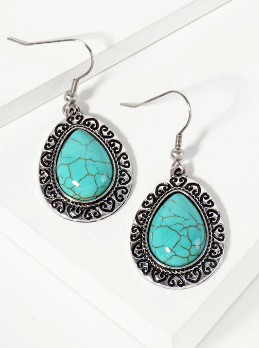 Heart Pattern Engraved Teardrop-Shaped Turquoise Semi-Precious Natural-Stone Dangle Earrings