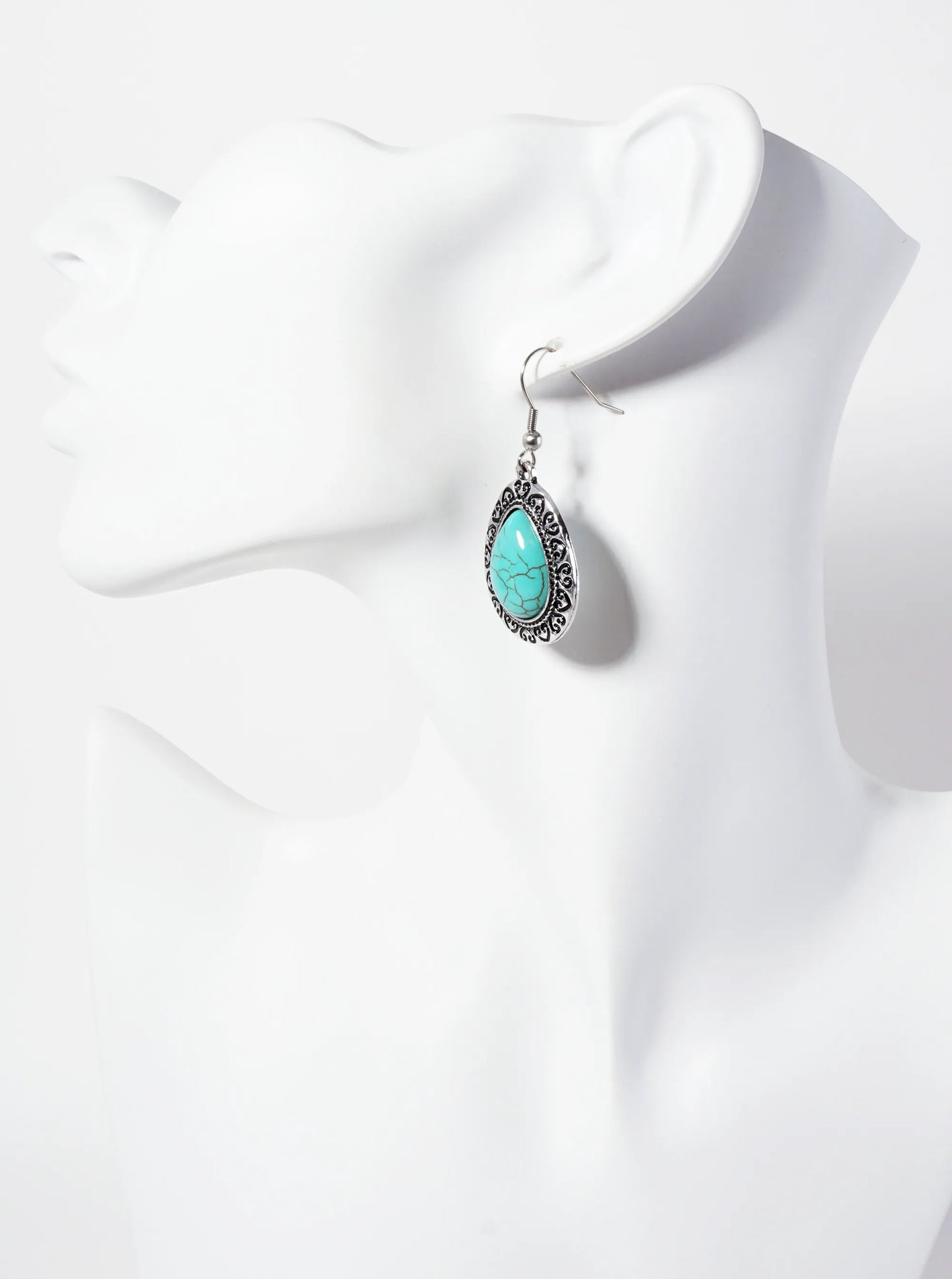 Heart Pattern Engraved Teardrop-Shaped Turquoise Semi-Precious Natural-Stone Dangle Earrings