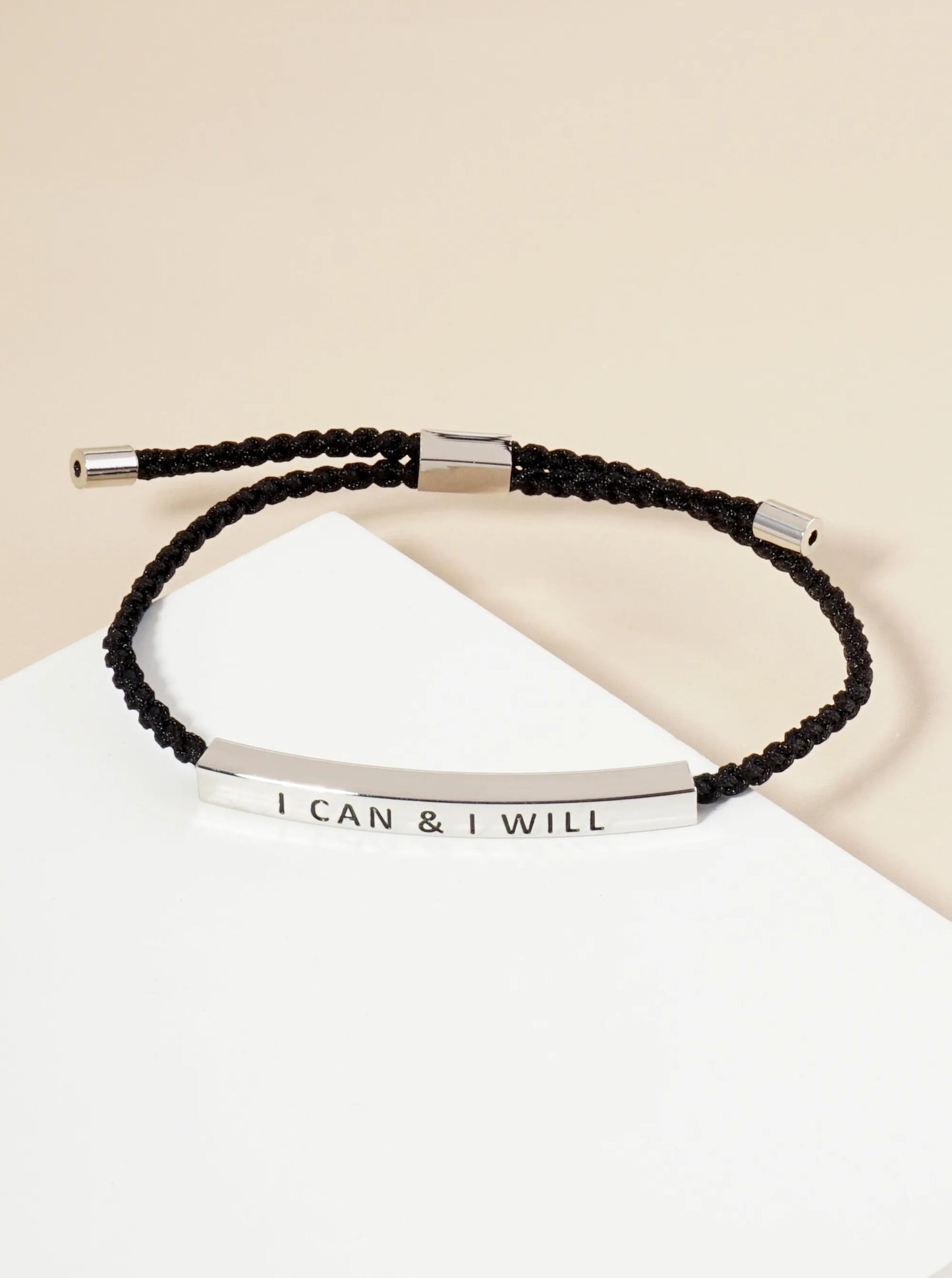 I Can And I Will Engraved 18K Gold Dipped Curved Brass Tube Bar Adjustable Pull Tie Bracelet
