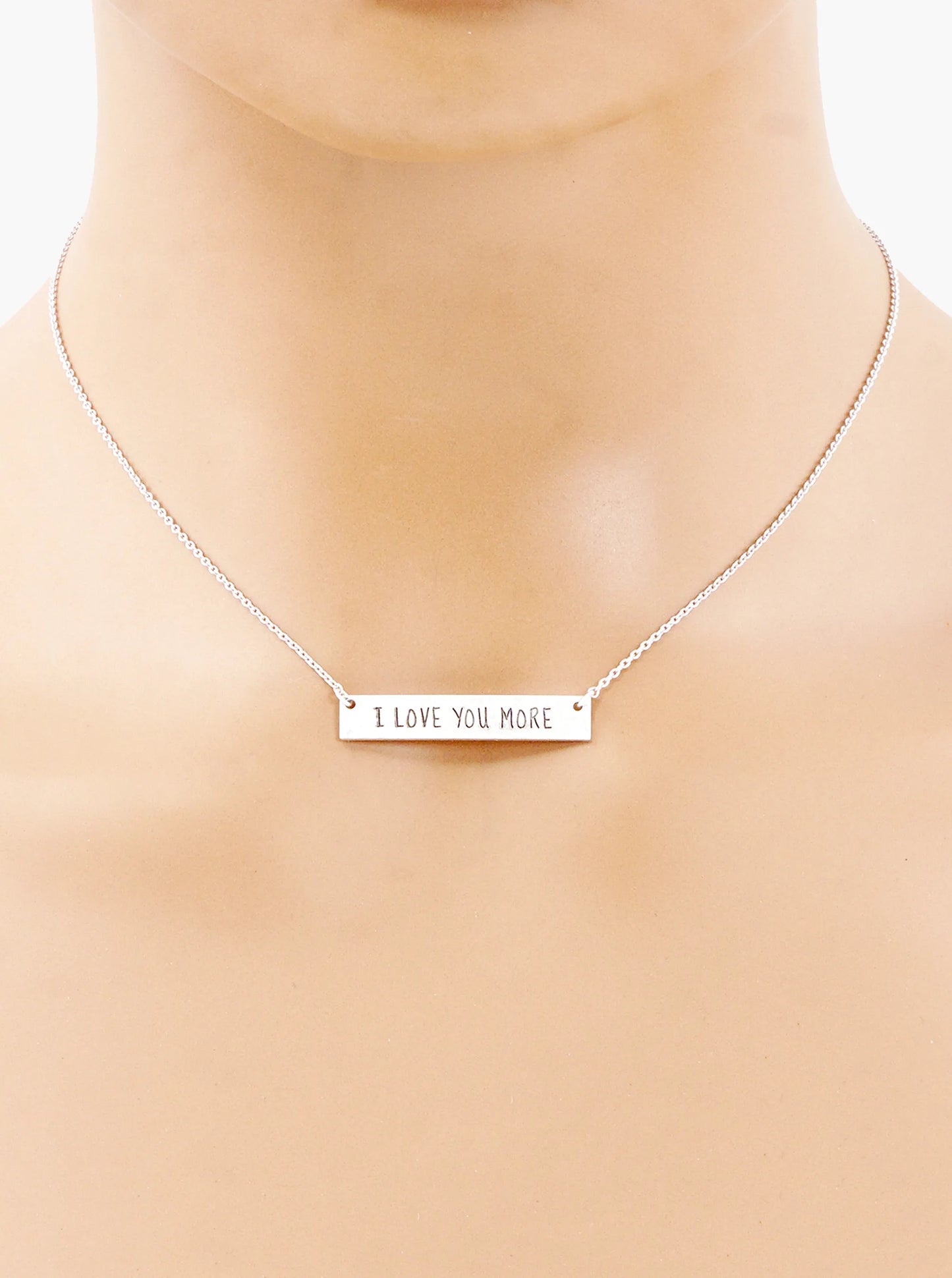 I Love You More Engraved Horizontal Bar Pendant Necklace