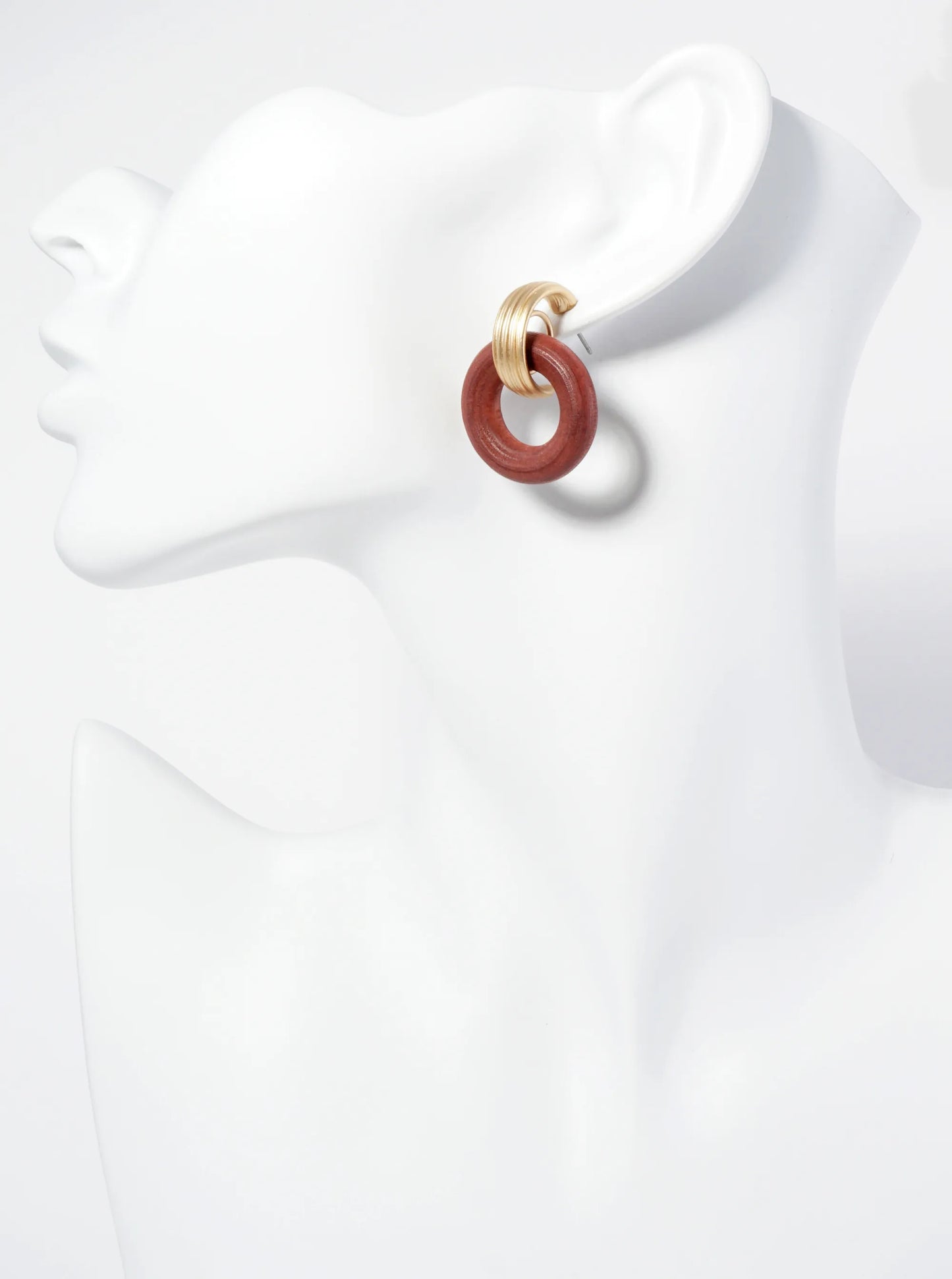 Interlocking Mute Tone Wooden Metal Circles Dangle Post Earrings
