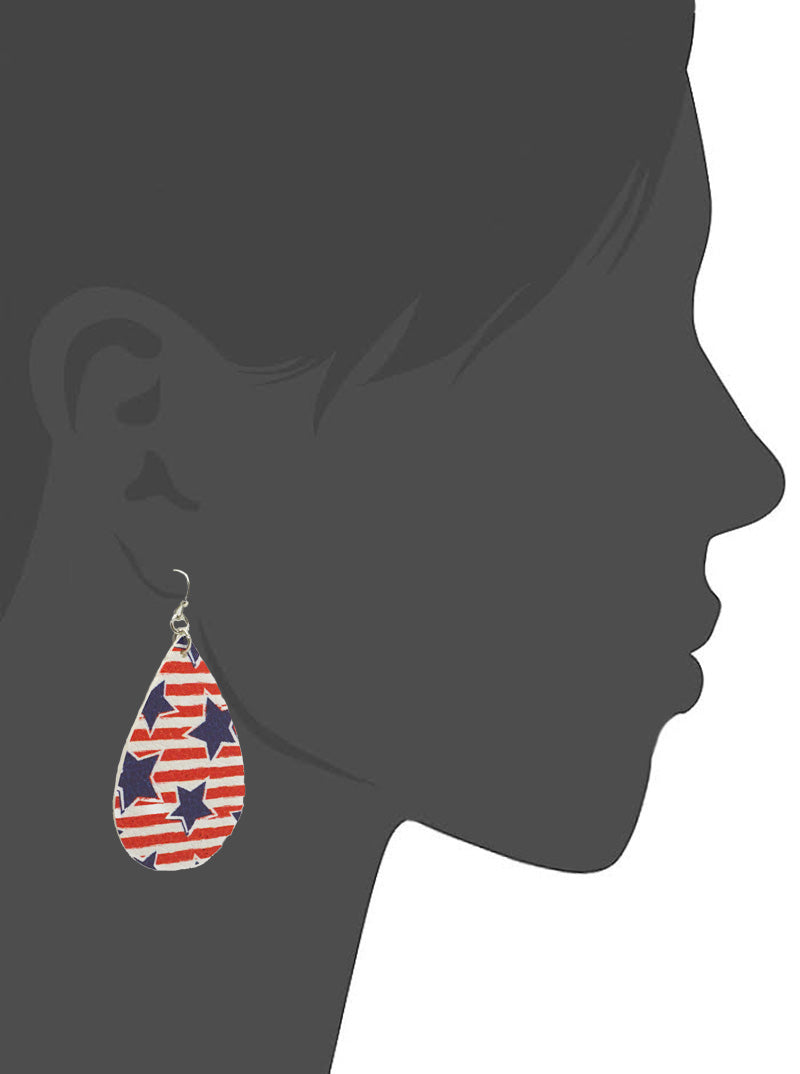 LEATHERETTE USA PRINT TEARDROP DANGLE DROP EARRINGS