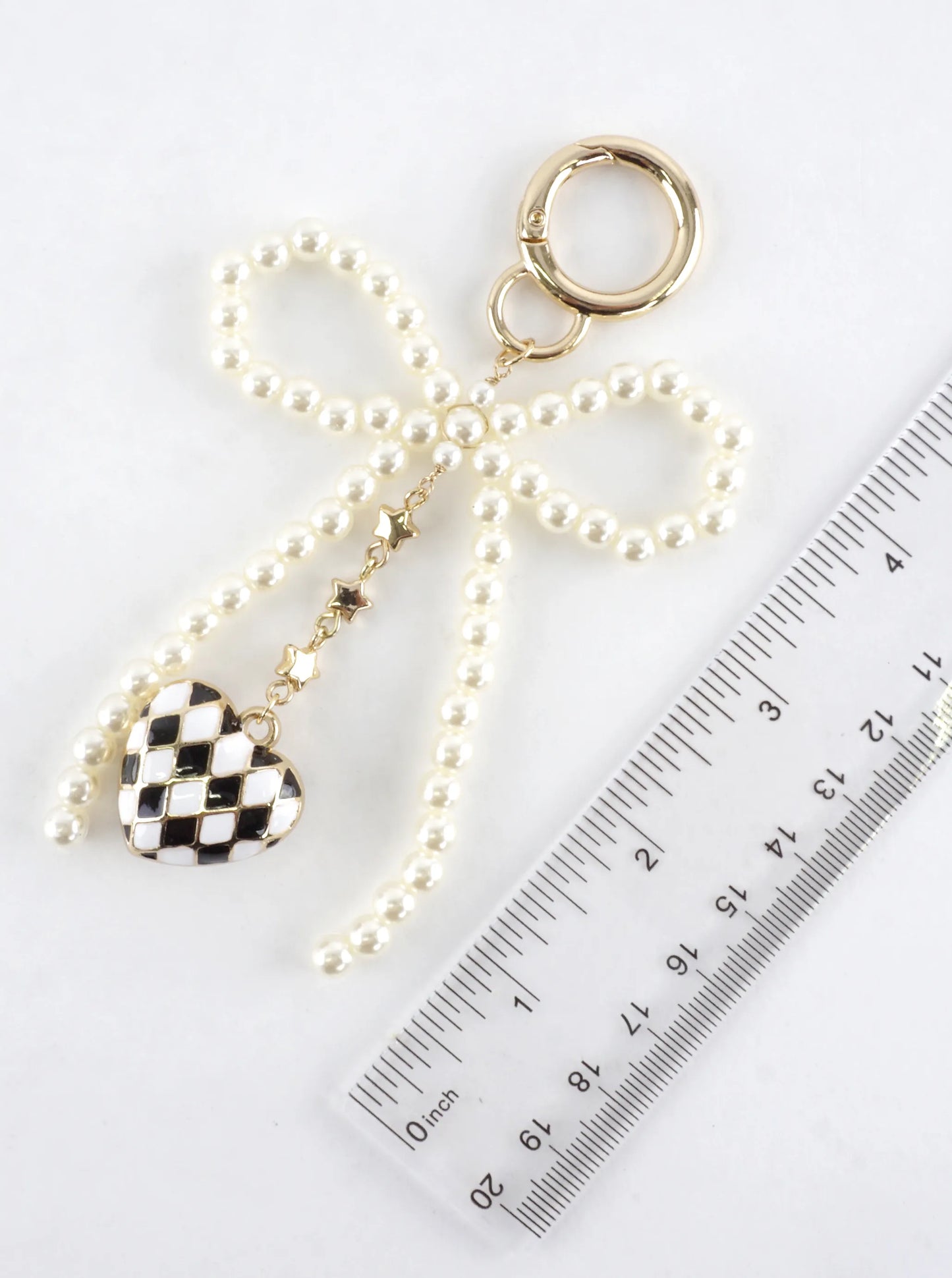 Large Wired Pearl Bow Checkered Heart Key Bag Char