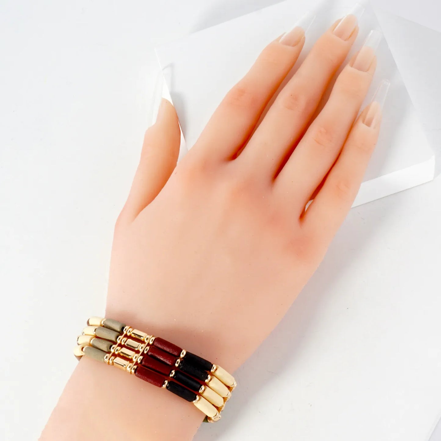 Layered Wood And CCB Linked Stretch Bracelets