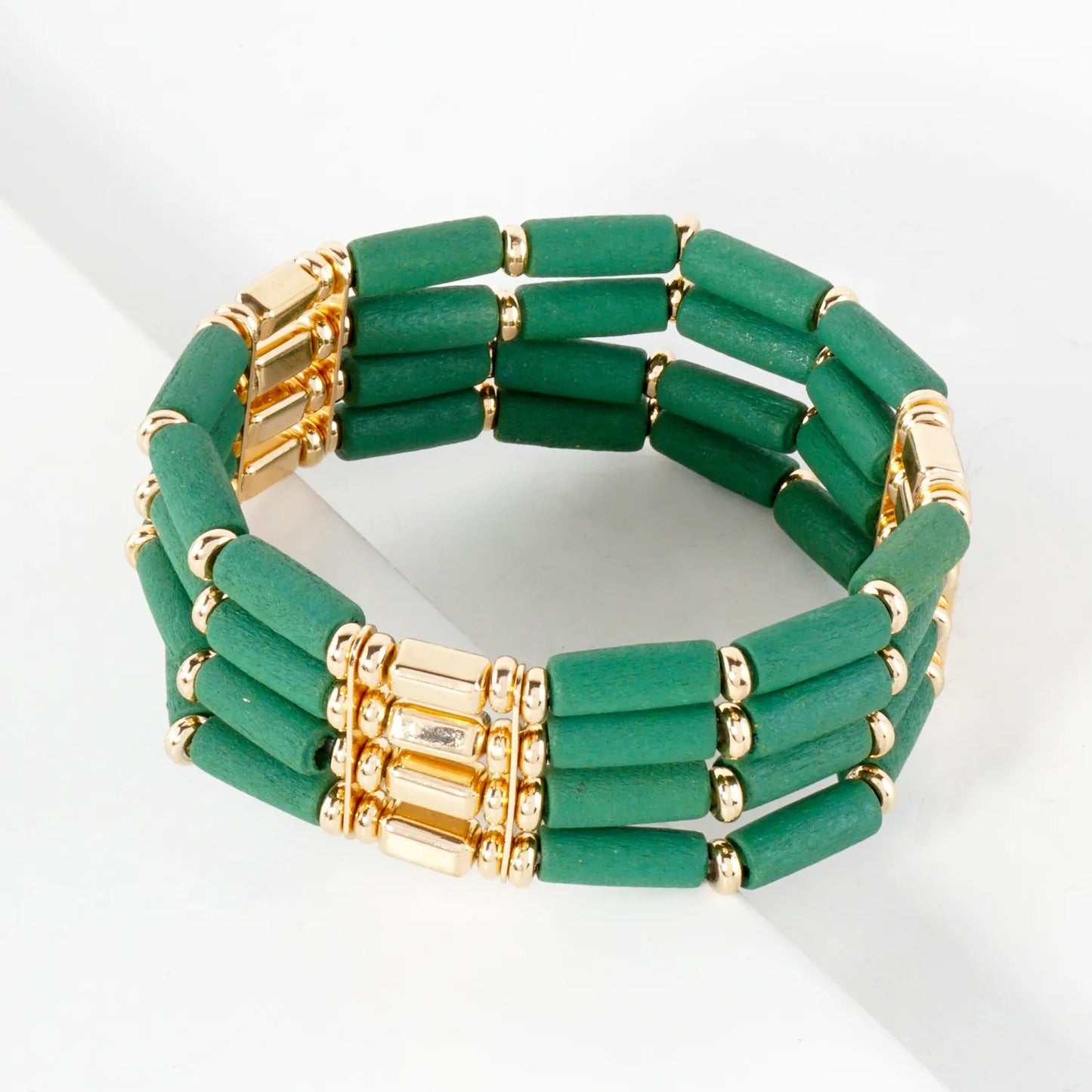 Layered Wood And CCB Linked Stretch Bracelets