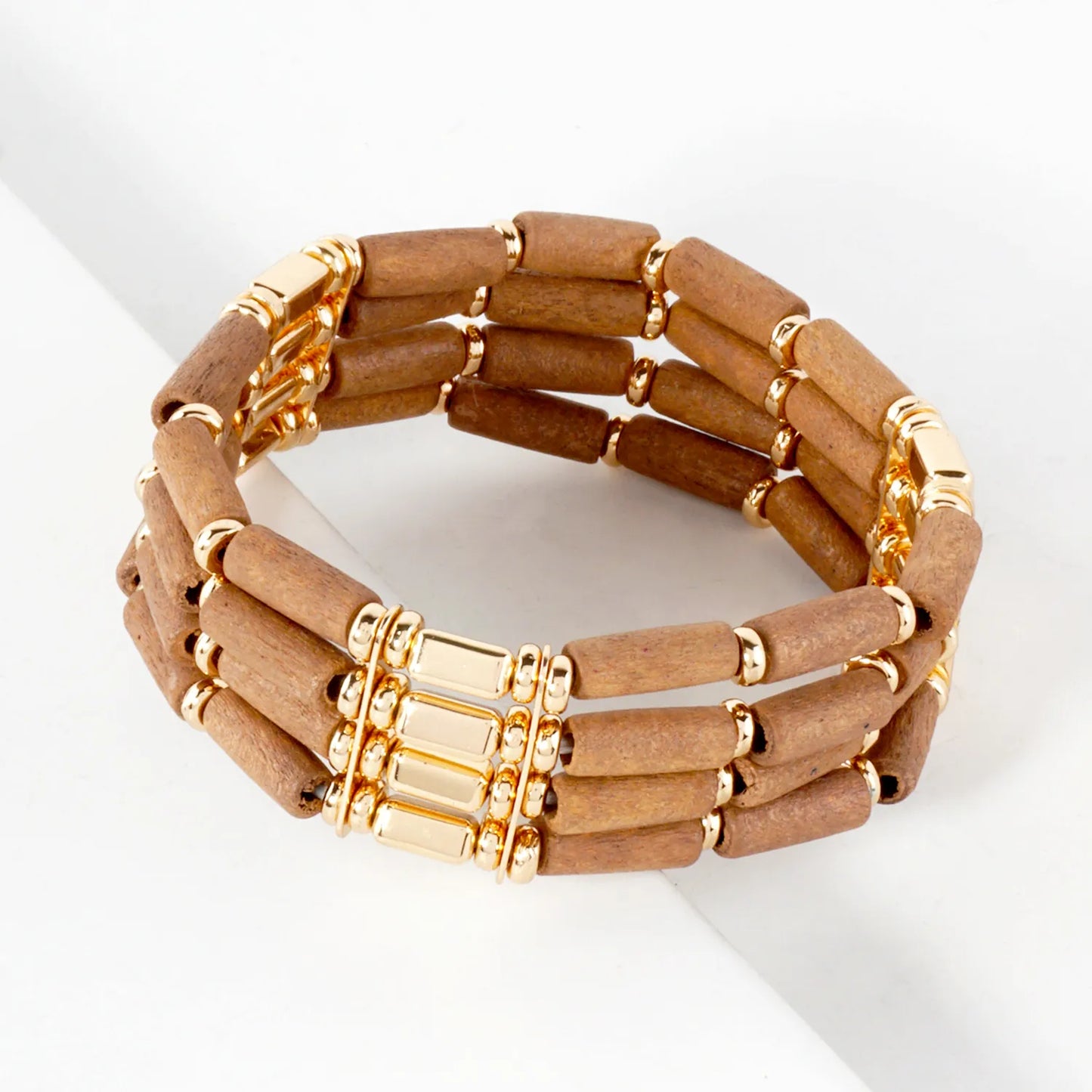Layered Wood And CCB Linked Stretch Bracelets