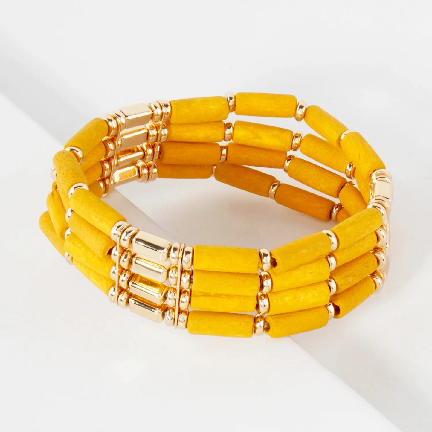 Layered Wood And CCB Linked Stretch Bracelets