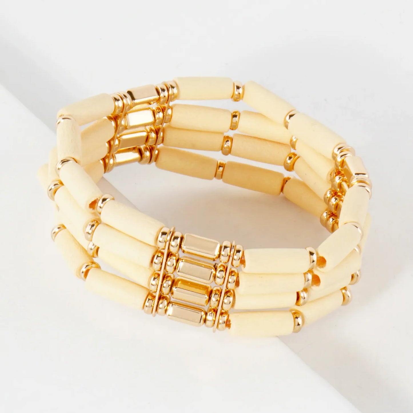 Layered Wood And CCB Linked Stretch Bracelets