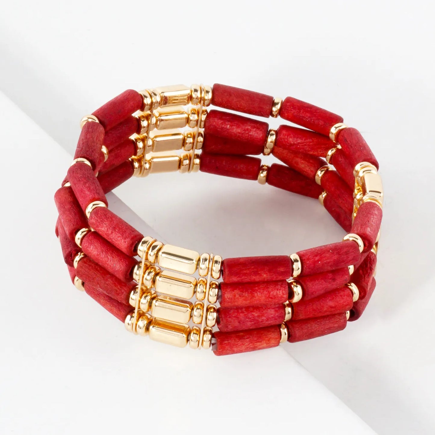 Layered Wood And CCB Linked Stretch Bracelets
