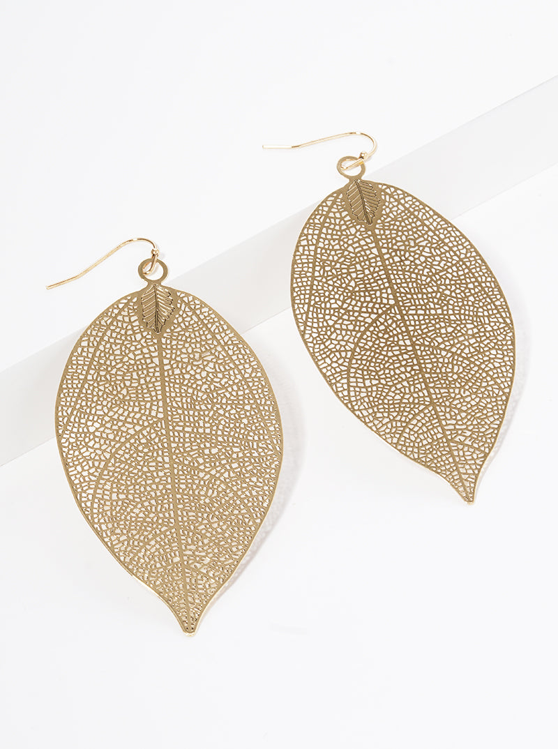 Leaf Shaped Filigree Stencil Delicate Dangle Drop Earrings