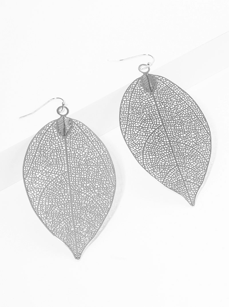 Leaf Shaped Filigree Stencil Delicate Dangle Drop Earrings