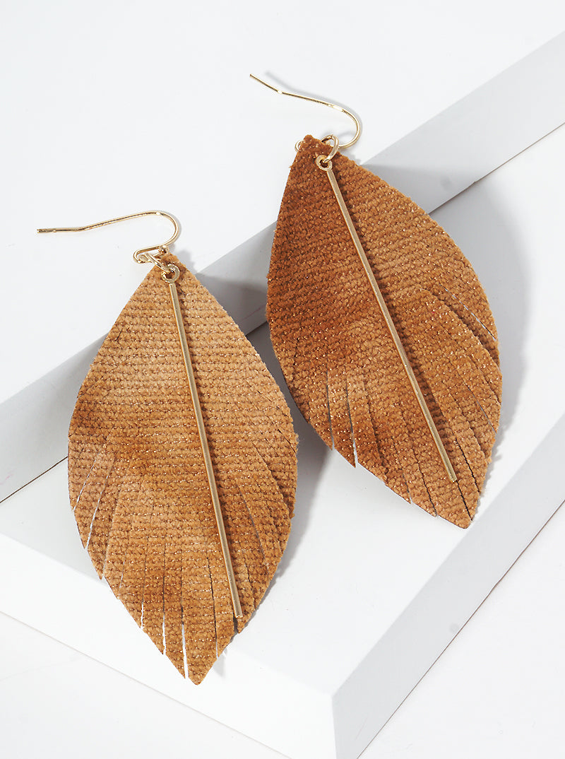 Leatherette Feather Fringe With Bar Fish Hook Dangle Drop Earrings