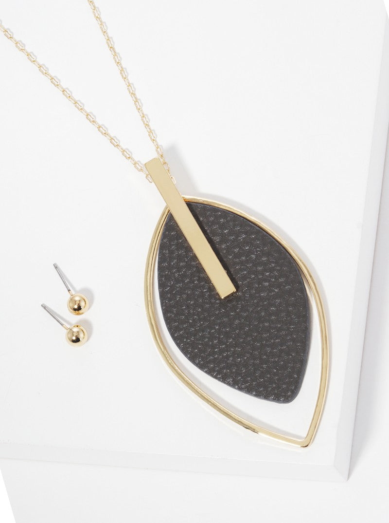 Leatherette Leaf Pendant Long Necklace Set With Earrings