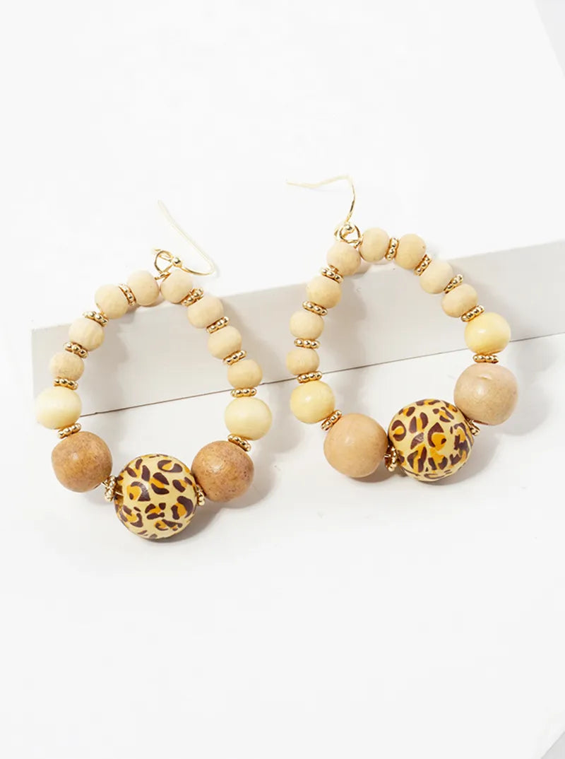 Leopard Printed Wood Bead Dangle Drop Earrings