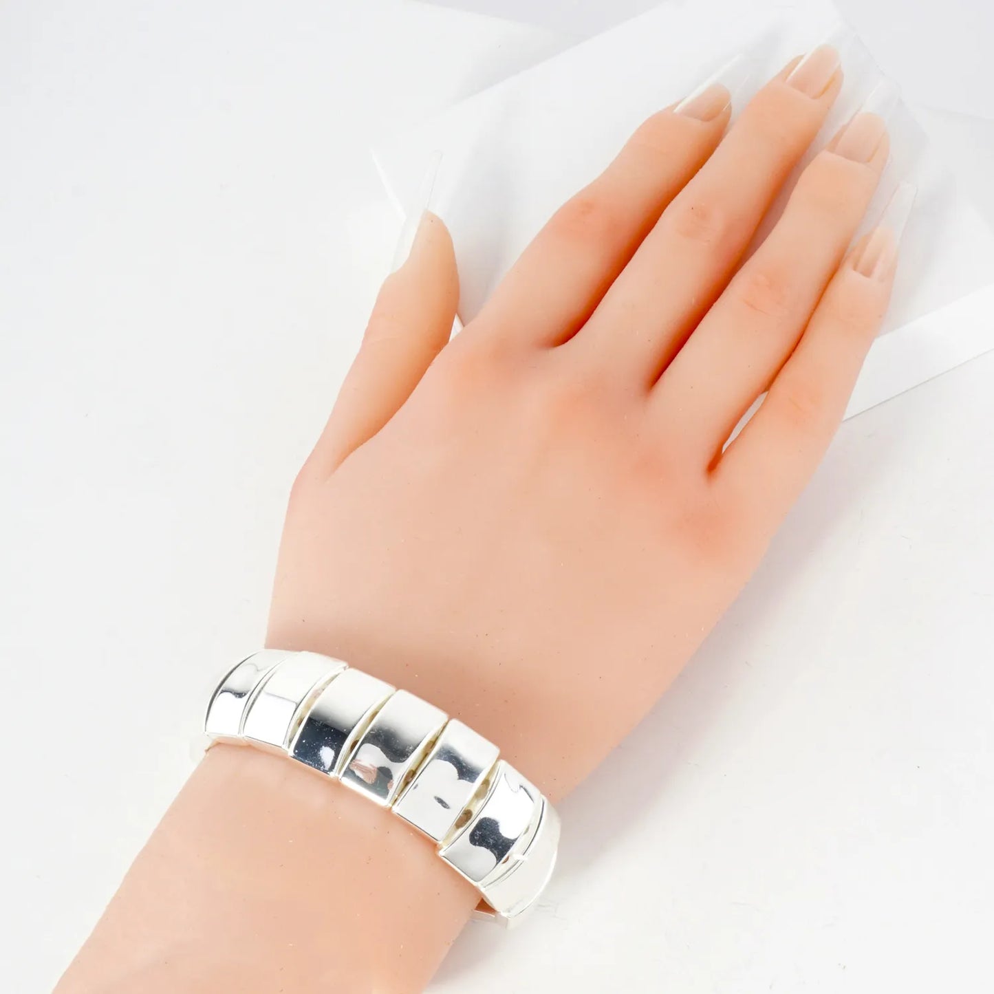 Linked 20mm Polished Rectangle Metallic Beads Stretch Bracelet