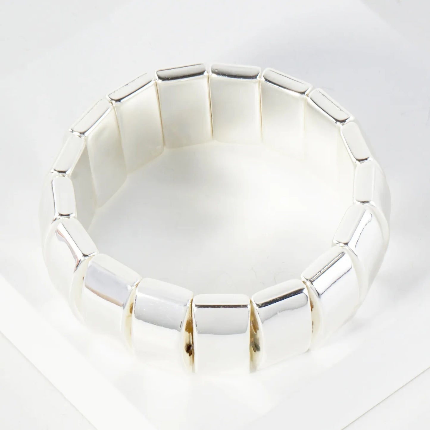 Linked 20mm Polished Rectangle Metallic Beads Stretch Bracelet