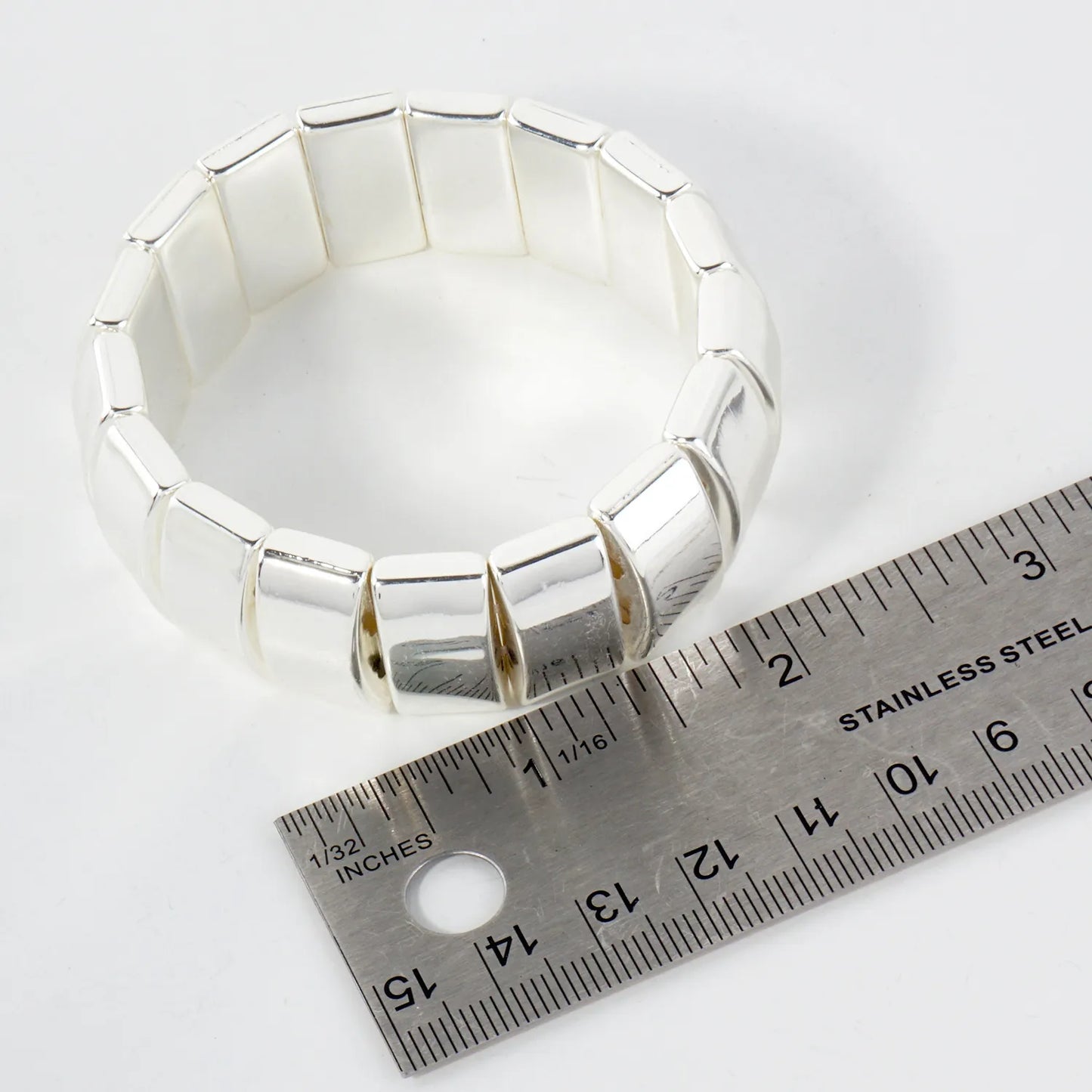 Linked 20mm Polished Rectangle Metallic Beads Stretch Bracelet