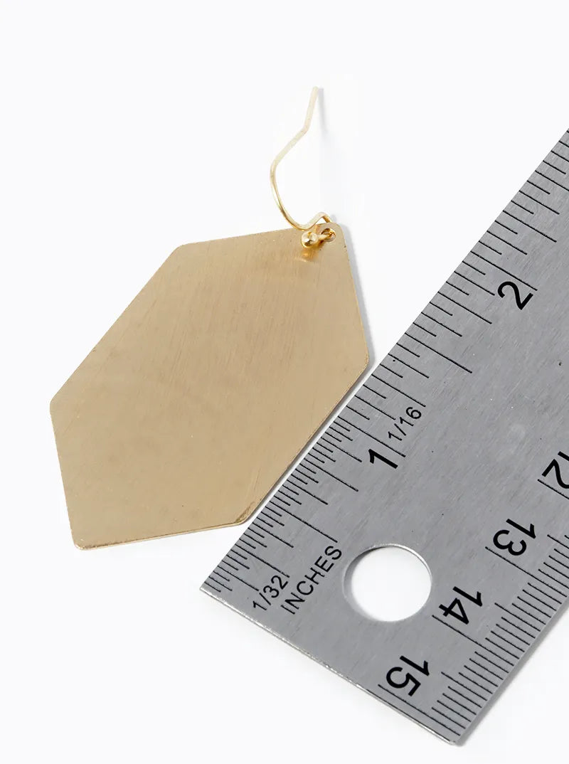 Long Hexagon Satin Brushed Brass Drop Earrings