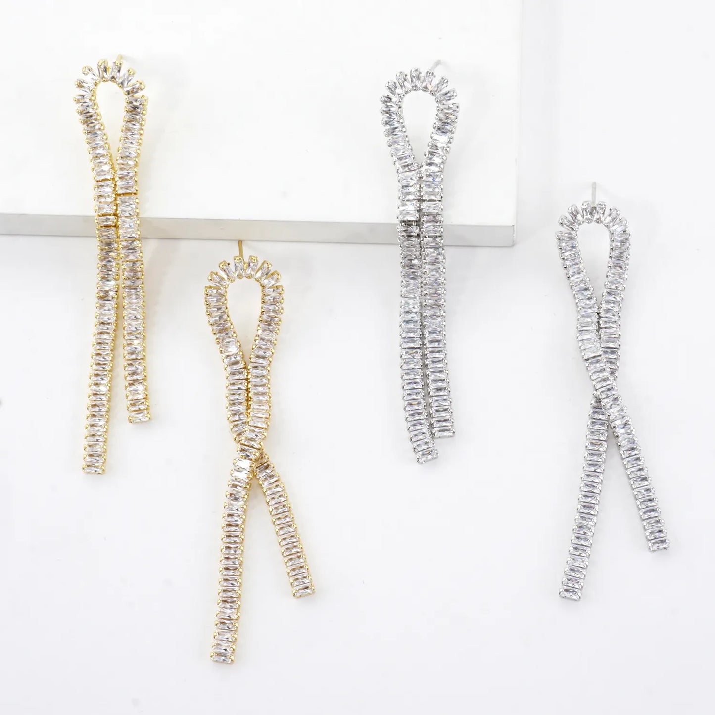 Looped Dangle Earrings With Lined Rectangular CZ