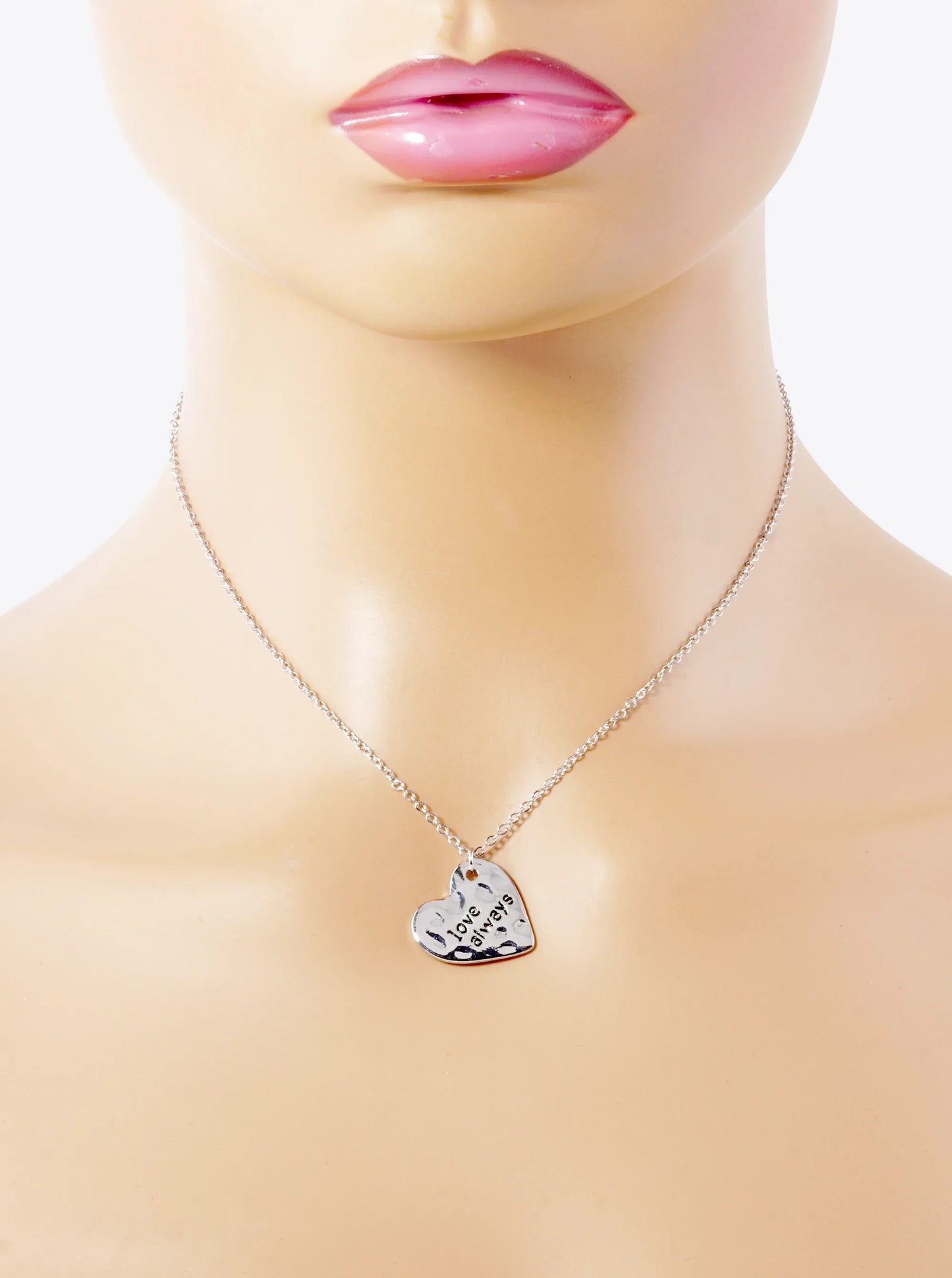 Love Always Engraved Sideways Hammered Metal Heart Pendant Necklace
