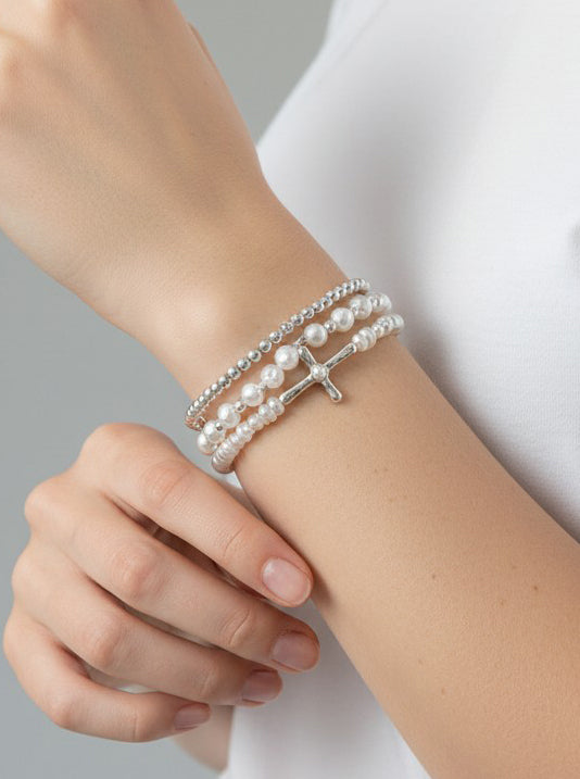 Hammered Cross Stretch Pearlized Bracelet
