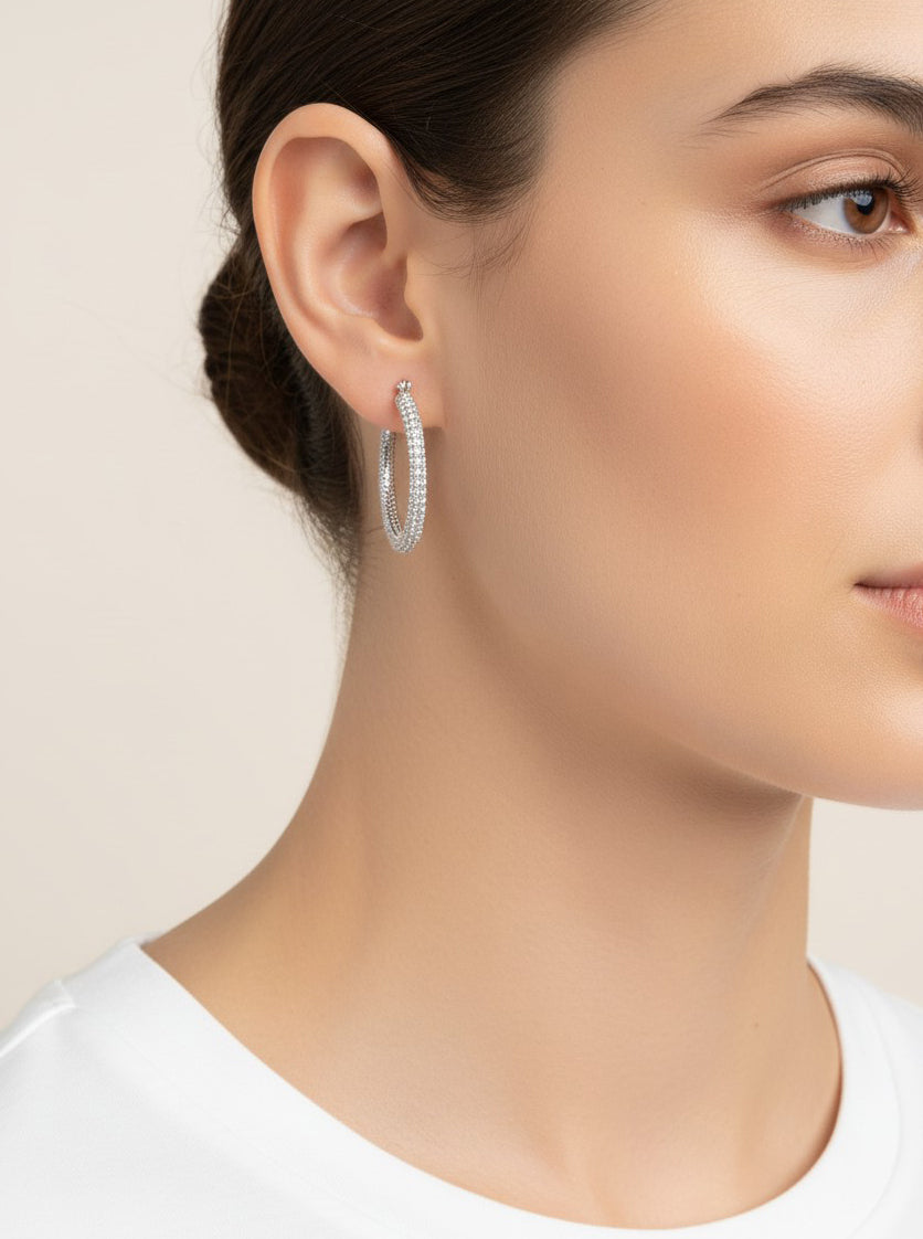 Pave Textured Rhinestone Hoop Earrings